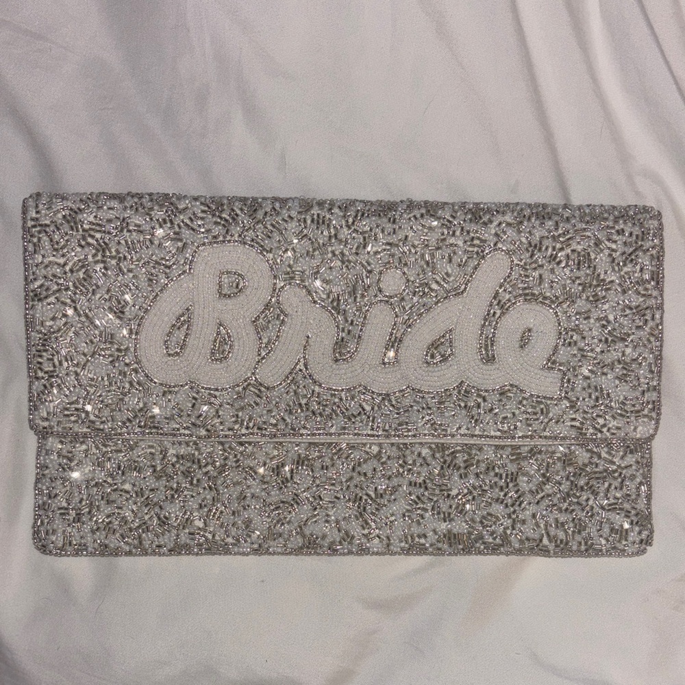 Silver and White Beaded Bride Clutch w/ Cross Body Strap